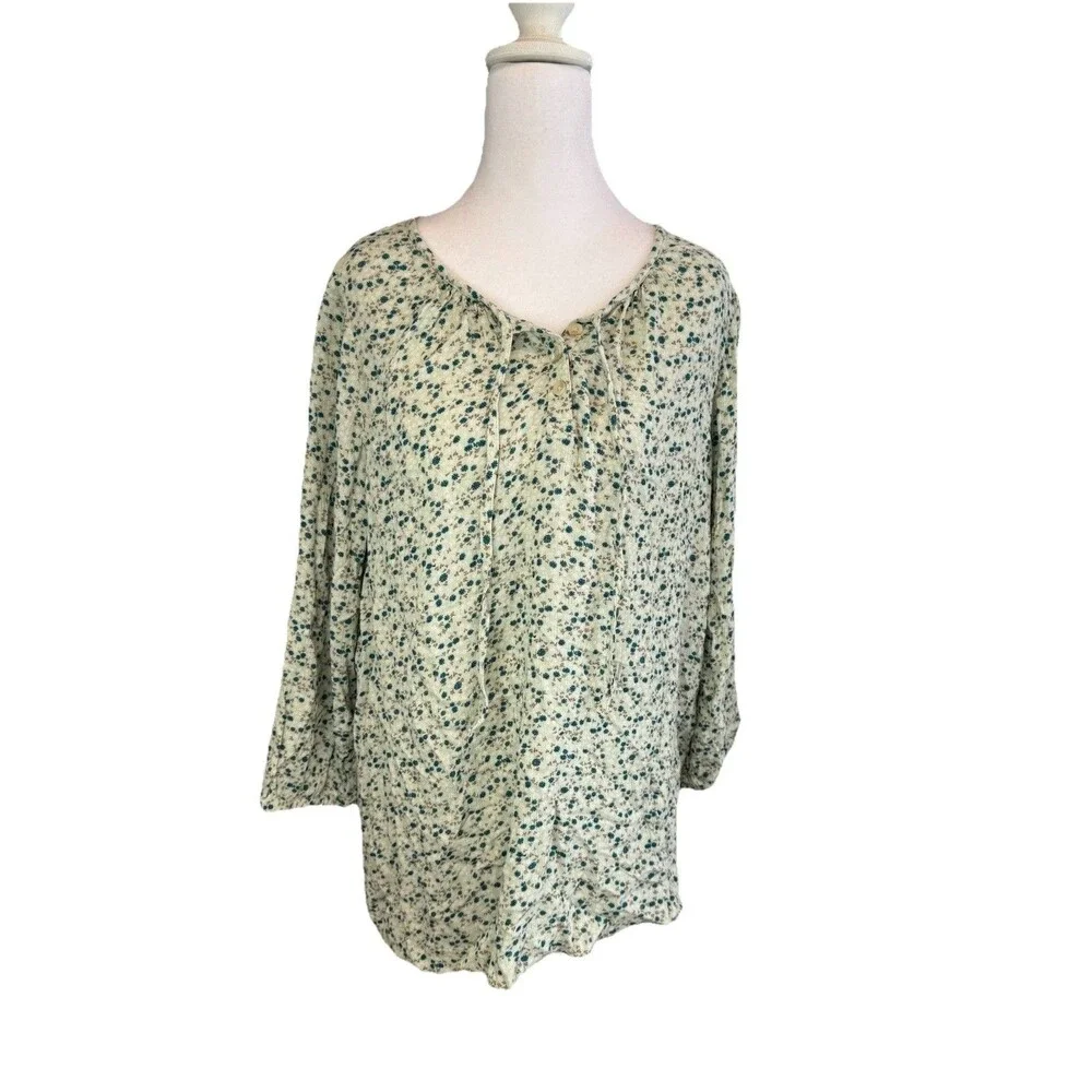 Sonoma Goods Blouse Size M Blue Floral Rayon Shirred Y-neck Balloon Sleeve NWT